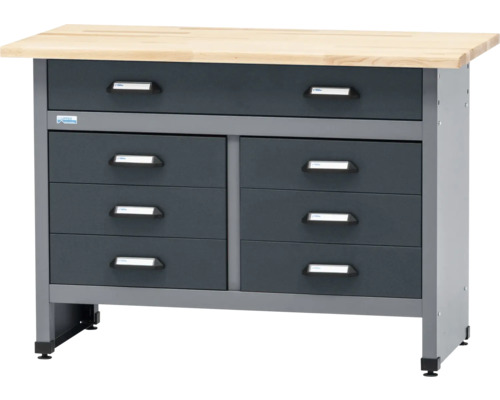 Banc de lucru negru/gri antracit Küpper 120x84x60cm (lxHxA), 7 sertare, grosime blat lemn 3cm Banc de lucru cu blat din lemn și sertare