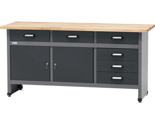 Banc de lucru negru/gri antracit Küpper Profi 4 170x84x60cm (lxHxA), 6 sertare, grosime blat lemn 3cm Banc de lucru cu sertare și dulapuri
