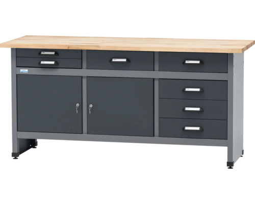 Banc de lucru negru/gri antracit Küpper 170x84x60cm (lxHxA), 2 uși și 7 sertare, grosime blat lemn 3cm Banc de lucru cu sertare și compartimente de dulap și blat de lucru din lemn