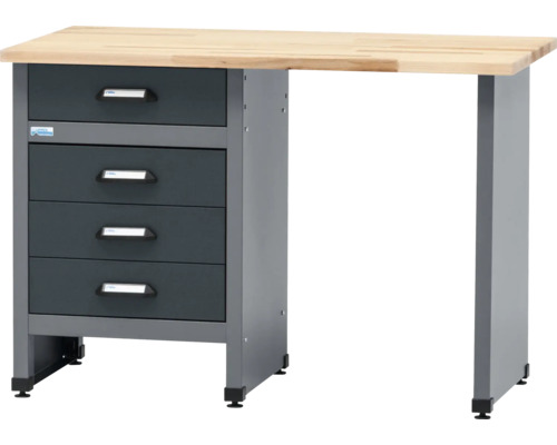 Banc de lucru negru/gri antracit Küpper 120x84x60cm (lxHxA), 4 sertare, grosime blat lemn 3cm Banc de lucru cu sertare și blat din lemn