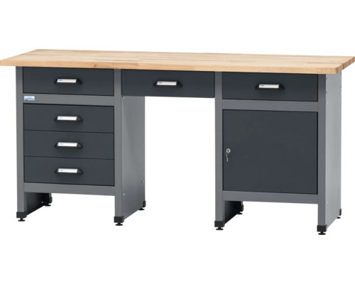 Banc de lucru negru/gri antracit Küpper 170x84x60cm (lxHxA), 1 ușă și 6 sertare, grosime blat lemn 3cm Banc de lucru cu sertare și dulap