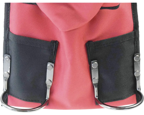 Vizualizare detaliată a unei genți de scule cu buzunare și suporturi metalice