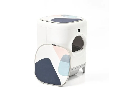 Toaletă automată pentru pisici cu design modern și două covorașe cu model