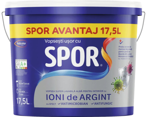 Vopsea superlavabilă pentru interior Spor cu ioni de argint albă 17,5 l