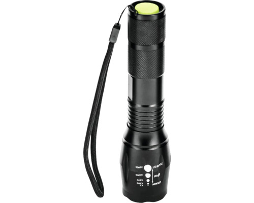 Lanternă LED neagră cu curea de mână și funcție de zoom