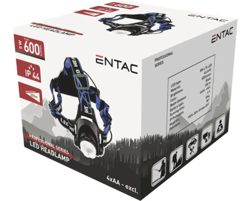 Ambalajul unei lămpi frontale LED Entac negre cu 600 lumeni și grad de protecție IP44