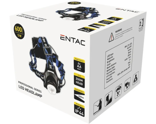 Ambalaj pentru o lanternă frontală cu LED Entac din seria Professional, intensitate luminoasă de 600 lumeni, grad de protecție IP44