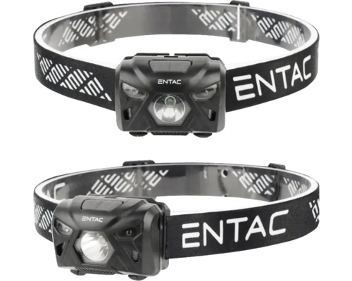 Două vederi ale unei lanterne frontale negre cu sigla Entac pe bandă.