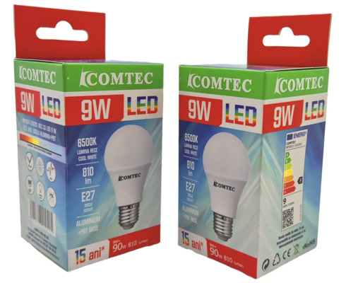 Ambalajul unui bec LED de 9 wați cu soclu E27