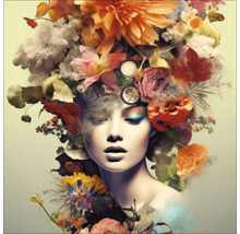 Femeie cu coafură florală și machiaj decorativ