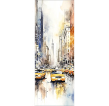 Pictură a unei scene stradale newyorkeze cu taxiuri galbene și clădiri înalte