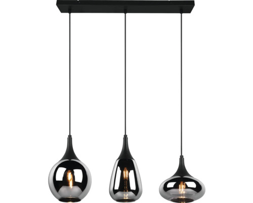 Lumină suspendată cu trei becuri din sticlă și metal