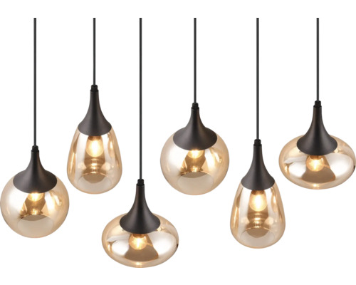 Șase lămpi suspendate cu abajururi de sticlă în formă de picătură și suspensie neagră