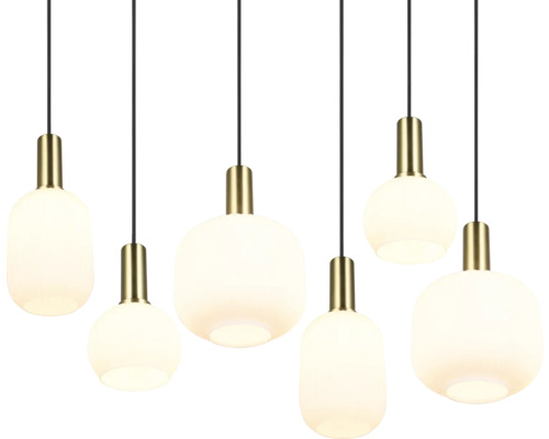 Mai multe lămpi suspendate cu abajururi rotunde și ovale atârnate de tavan