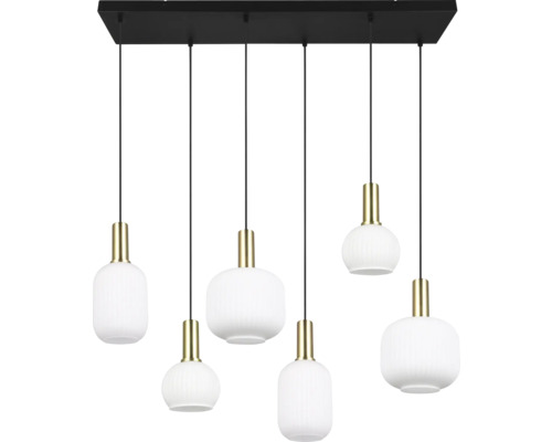 Lustr cu șase becuri, suport negru și abajururi din sticlă