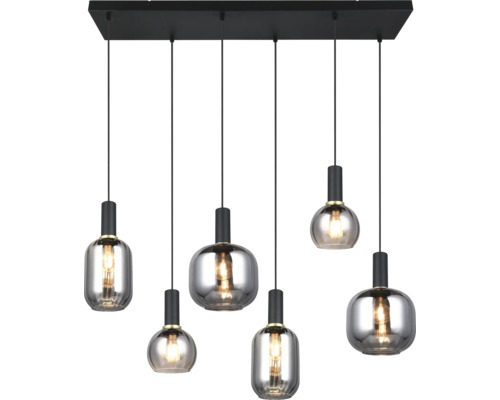 Lumină suspendată cu șase abajururi de sticlă și suspensie neagră