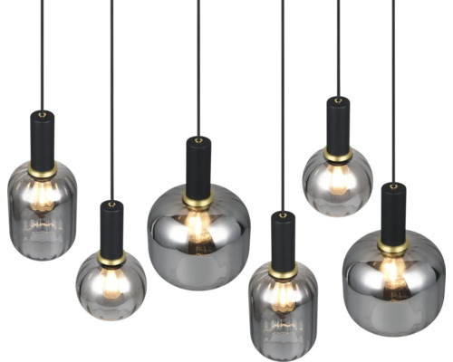 Șase lămpi suspendate cu abajur din sticlă gri și suspensie neagră