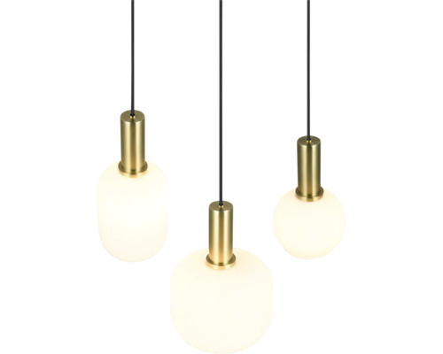 Trei lămpi suspendate cu abajururi rotunde și ovale