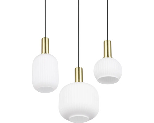 Trei lămpi suspendate cu abajururi din sticlă