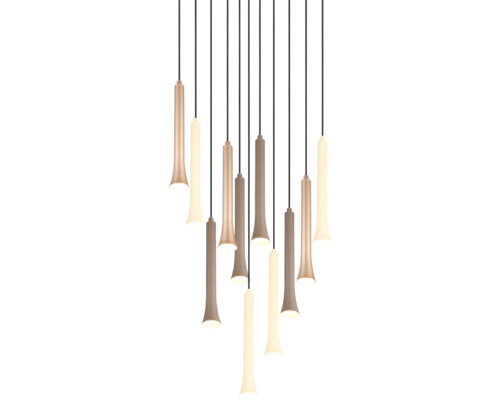 Lumină suspendată cu mai multe becuri și abajururi cilindrice