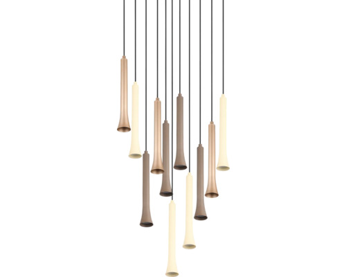 Lumină suspendată cu mai multe abajururi cilindrice pe cabluri negre