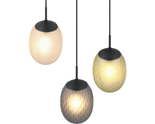 Trei lămpi suspendate cu abajururi rotunde și suprafață texturată.