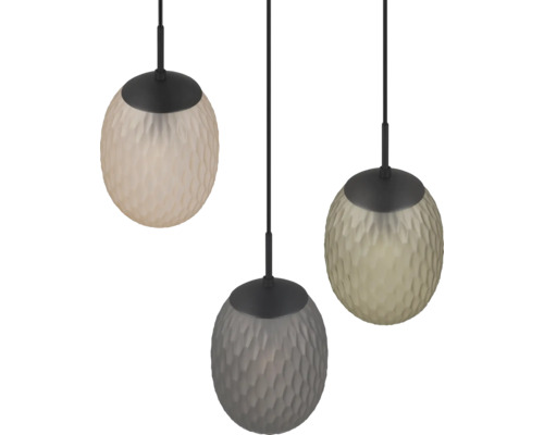 Trei lămpi suspendate cu abajururi rotunde și suspensii negre