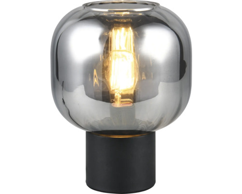 Lampă de masă cu corp de sticlă și bec pe soclu negru