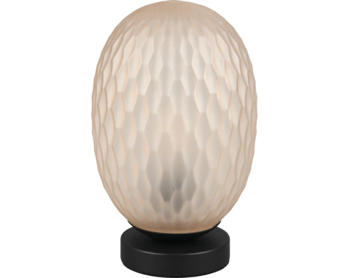 Lampă de masă decorativă cu abajur din sticlă texturată și bază neagră.
