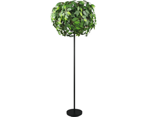 Arbore artificial decorativ cu coroană rotundă și suport negru.