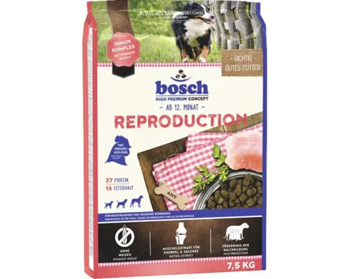 Hrană pentru câini Bosch High Premium Concept Reproduction pentru femele gestante și care alăptează, în ambalaj de 7,5 kilograme