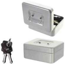 Cutie metalică pentru bani cu cheie în stare deschisă și închisă