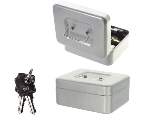 Cutie metalică pentru bani cu cheie în stare deschisă și închisă