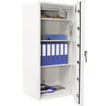 Seif alb deschis cu rafturi și diverse obiecte