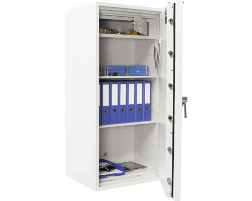 Seif alb deschis cu rafturi și diverse obiecte