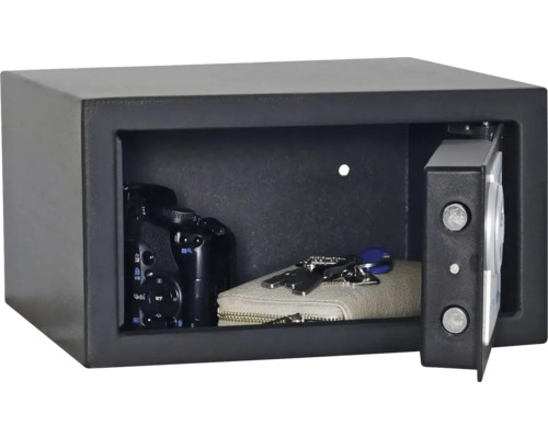 Seif deschis cu cameră, portofel și chei