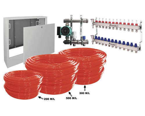 Pachet încălzire prin pardoseală Fornello 120 m², incl. țeavă PE-RT, distribuitor-colector, niplu redus, pompă de recirculare Omnigena, cutie distribuitor