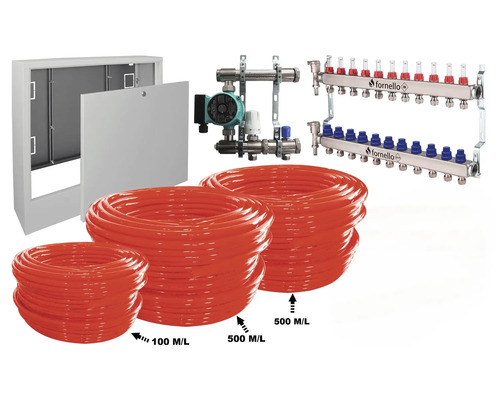 Pachet încălzire prin pardoseală Fornello 110 m², incl. țeavă PE-RT, distribuitor-colector, niplu redus, pompă de recirculare Omnigena, cutie distribuitor