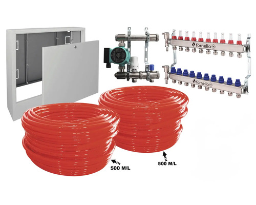Pachet încălzire prin pardoseală Fornello 100 m², incl. țeavă PE-RT, distribuitor-colector, niplu redus, pompă de recirculare Omnigena, cutie distribuitor