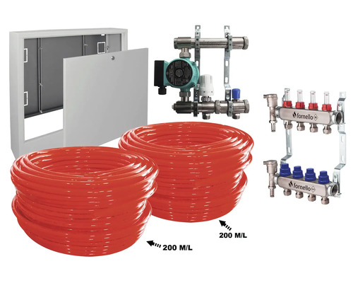 Pachet încălzire prin pardoseală Fornello 40 m², incl. țeavă PE-RT, distribuitor-colector, niplu redus, pompă de recirculare Omnigena, cutie distribuitor