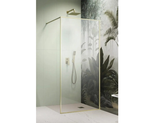 Duș Walk In Radaway Modo F Brushed Gold II, 90x200 cm, sticlă securizată transparentă, profil auriu