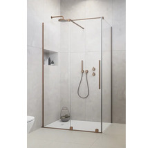Cabină de duș cu duș fix și duș de mână într-o baie modernă.