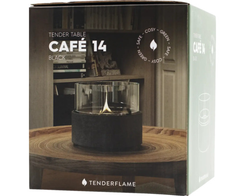 Șemineu de masă Tenderflame Café 14 în ambalajul produsului