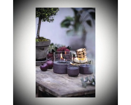 Aranjament decorativ de masă cu lumânări de vânt, plantă și decorațiuni pe o masă de lemn