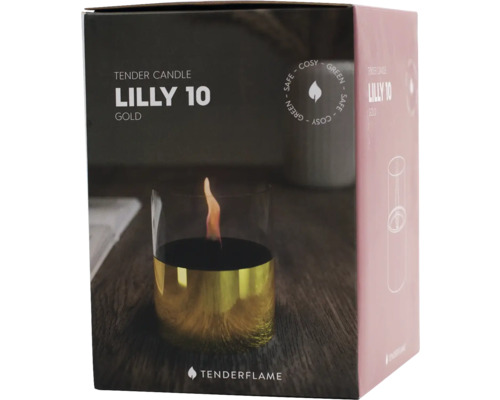 Foc nou Tenderflame Lilly 10 Gold pe masă, în cutie