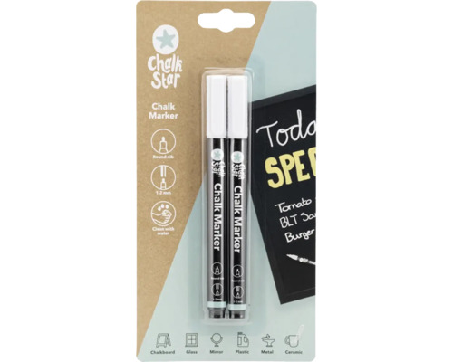 Marker cretă lichidă 1-2 mm, alb, set 2 buc. Două markere cu cretă Chalk Star într-un pachet
