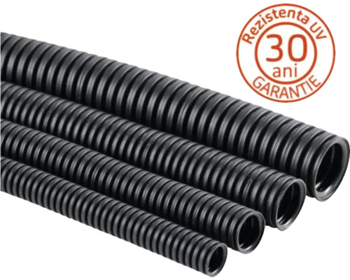 Tuburi ondulate negre din plastic de diferite diametre, cu sigiliu rezistent la UV și garanție de 30 de ani
