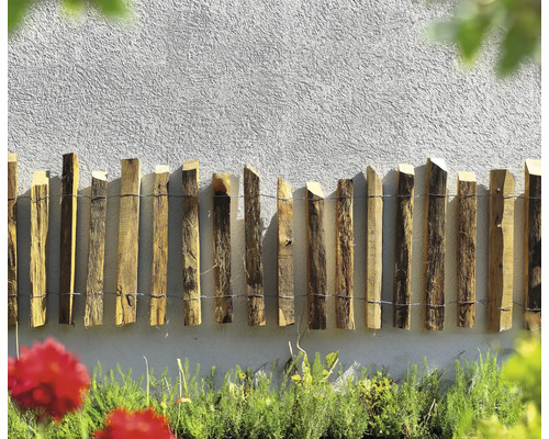 Gard rulou rustic lemn natural 60-65x200 cm Elemente decorative de gard din lemn în fața unui perete deschis cu plante în prim-plan