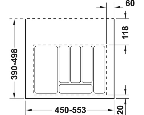 Desen tehnic al unui organizator de sertar cu dimensiuni