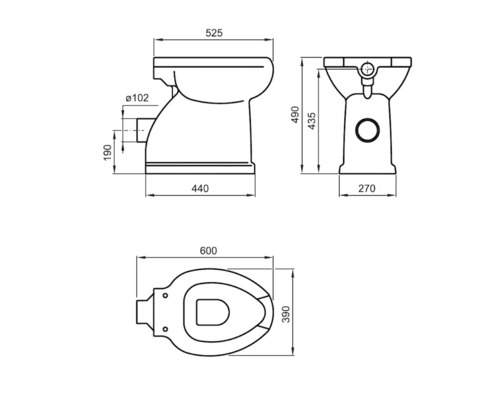 Desen tehnic al unui WC cu montare pe podea, cu dimensiuni